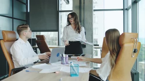Business Meeting in a Modern Office with a Woman Presenting to Colleagues While a Man Works on a