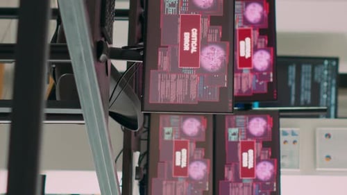 Vertical Video Empty Agency Office with Multiple Monitors Showing System Crash Warning