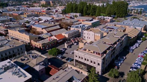 Drone view of historical buildings in Fremantle on sunny day, Perth, Australia
