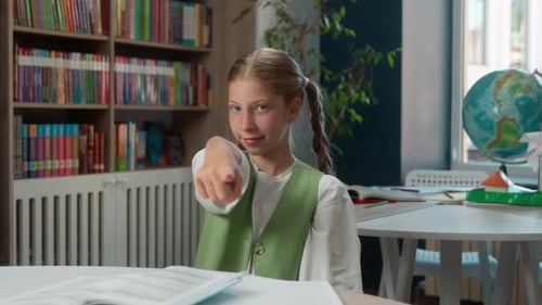 Cute Happy Smiling Caucasian Little Child School Girl Kid Student Schoolgirl Learner Pupil Looking
