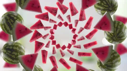 Refreshing Watermelon Slices and Whole Fruits Vortex Motion