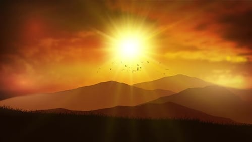 Animated Sunset Over Mountains with Flying Birds