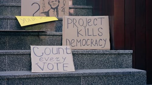 Political Protest Signs on Stone Urban Steps