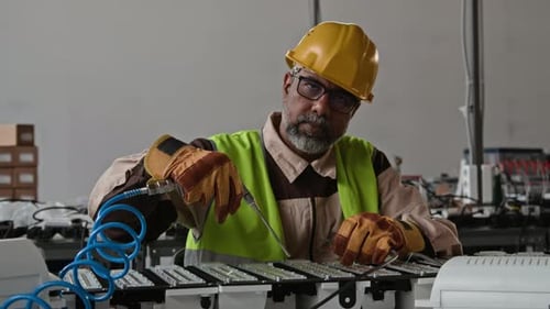 Portrait d'un spécialiste de la chaîne de montage asiatique mature et souriant au travail