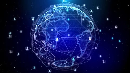 Blue Digital World Networks of People Earth globe rotating with plexus motion