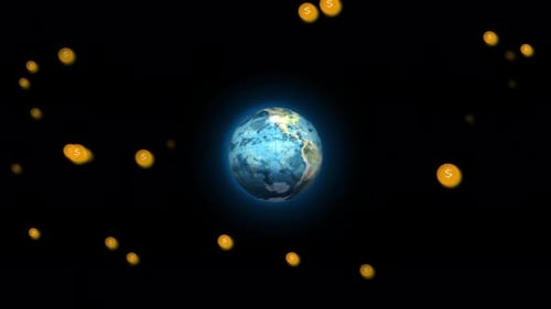 Digital economy animation showing globe surrounded by various currencies