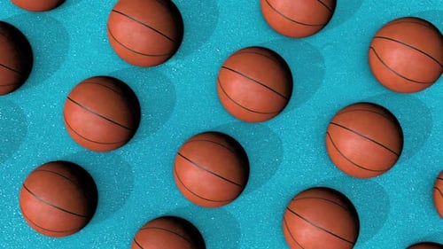 Boules de basket rotatives sur fond bleu, couche d'argile, animation en boucle