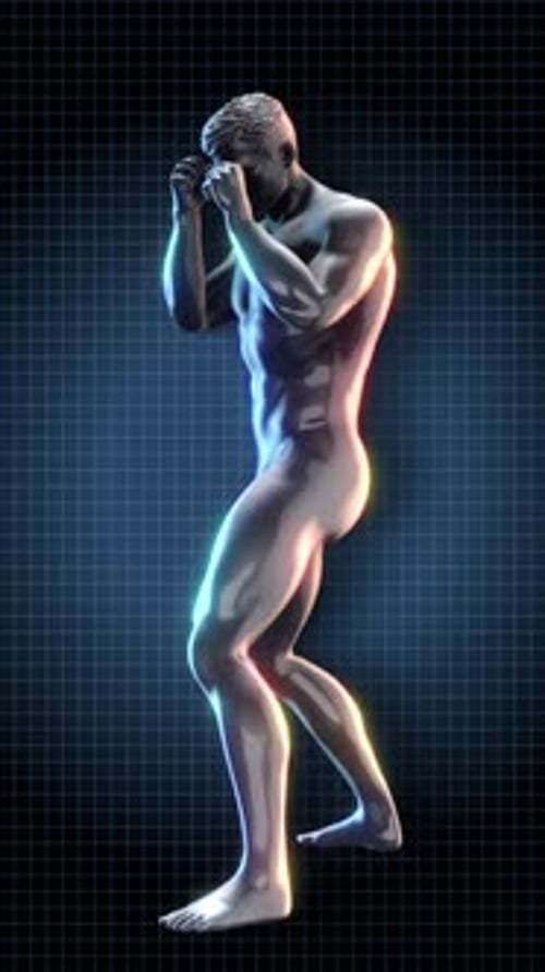 Futuristic 3D Boxer Figure Loop with Digital Grid Background