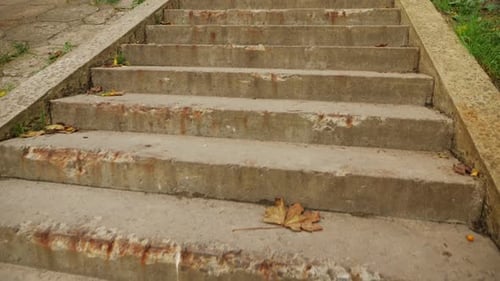 POV Climbing Up Long Old Ruined Concrete Staircase in the Footpath
