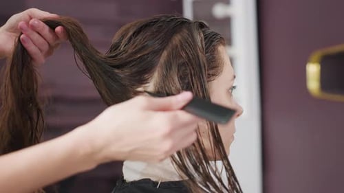 Woman at Hair Salon Getting Her Hair Combed