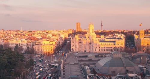 Madrid Cibeles and Town Hall during sunset timelapse day to night aerial view