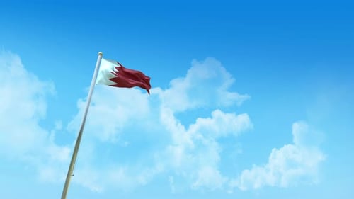 Bahrain Flag 3D Render Animation on Pole with Blue Sky and Clouds – Low Angle View