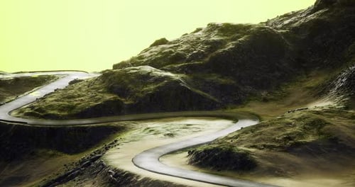 Winding Road Through Rugged Mountains Under a Golden Sky at Twilight