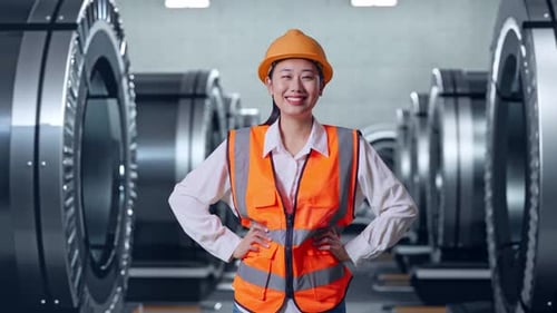 Asian Female Engineer Wearing Safety Helmet Smiling With Arms Akimbo In Metal Factory