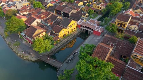 Drone Footage of Japanese Bridge in Hoi An Vietnam
