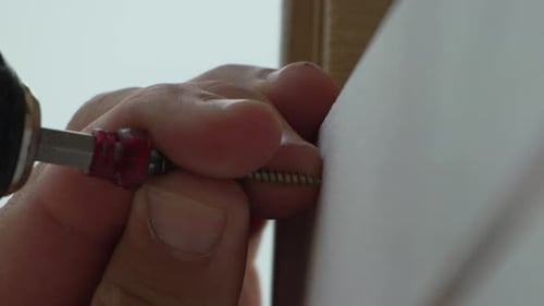 Close Up of Power Drill Driving Screw into Wood