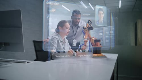 Bureau futuriste : deux ingénieurs diversifiés travaillent sur un bras robotique avancé utilisant la réalité augmentée