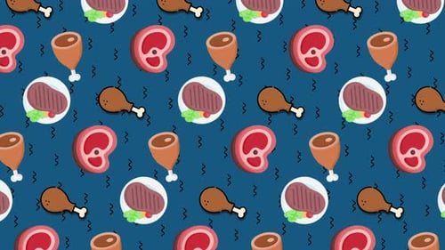 Flat Design Seamless Looping Pattern of Animated Meat Icons