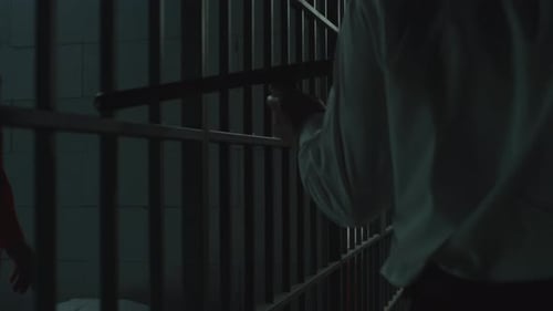 Prison Guard with Police Baton Watches Criminals in Prison Cells