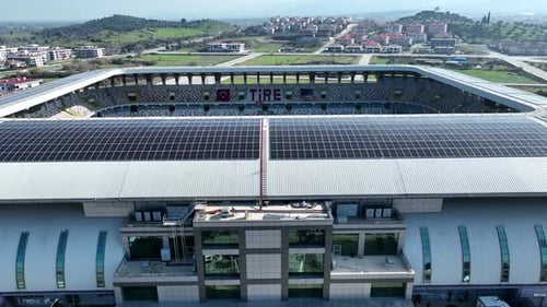 Aerial view of Tire Stadium, the first football stadium in Turkey that produces its own electricity