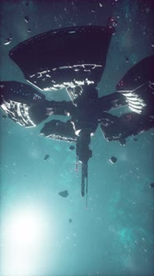 A Futuristic Spaceship Navigating an Asteroid Field in Space