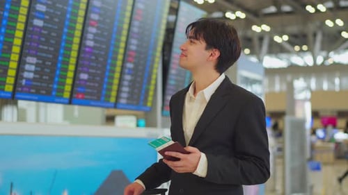 Asian businessman passenger checking departure boarding pass in airport.