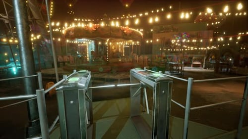 Empty Amusement Park at Night with Lit Attractions and Closed Gates