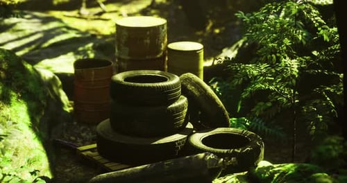 Environmental Pollution Scene with Old Tires and Rusty Barrels
