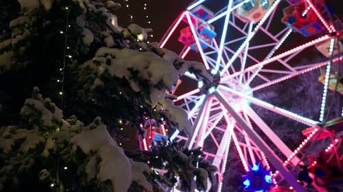 Ferris Wheel Turning Near Snow Covered Evergreen at Night