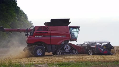 Combine working in field. Modern combine harvester working on wheat crop