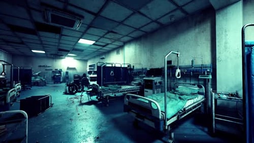 Abandoned and Destroyed Hospital Interior with Empty Beds and Debris