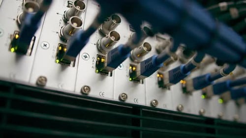 close-up of a pile of network patch cables in a server room in a data center room Data transmission