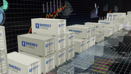 3D Energy Storage Containers with Animated Business Data Background