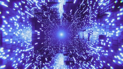 Hochgeschwindigkeitsfahrt durch einen futuristischen Korridor mit Neonlichtern und Wolkenkratzern