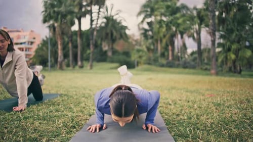 Women Exercising on Yoga Mats in Park