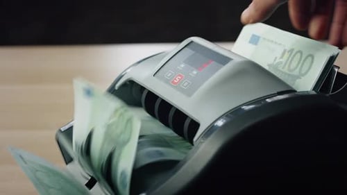Automatic Counting Euro Bills By Bank Machine Close Up