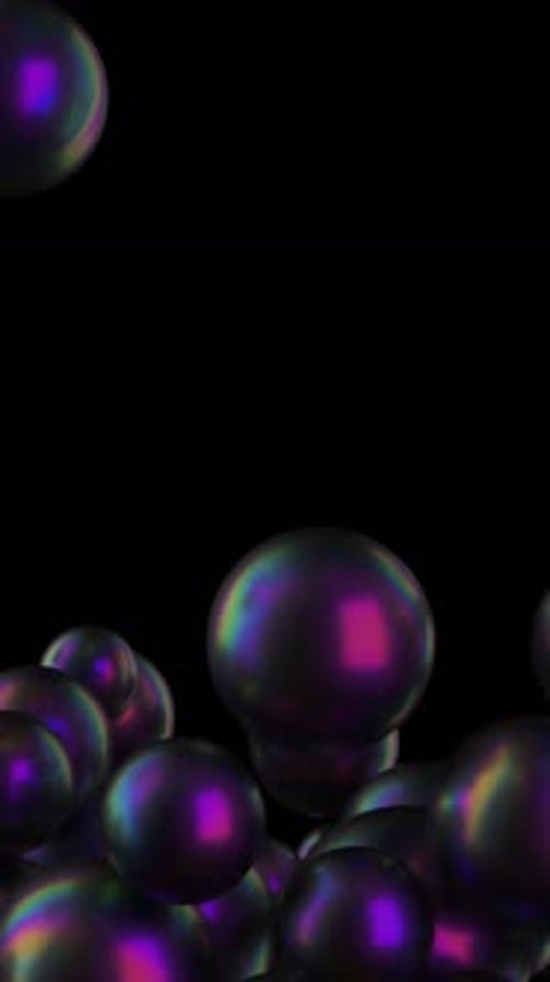 Shiny Balls Fall Into a Pool or Screen on a Black Background Animation of Iridescent Spheres Fill