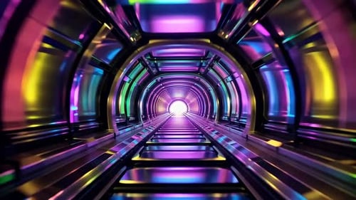 Futuristische SciFi-Neon-Tunnelschleife, die sich durch Hightech-Cy bewegt