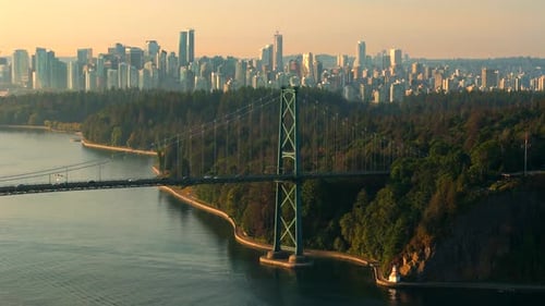 Aerial View of Lions Gate Bridge and Stanley Park at Dawn Canada