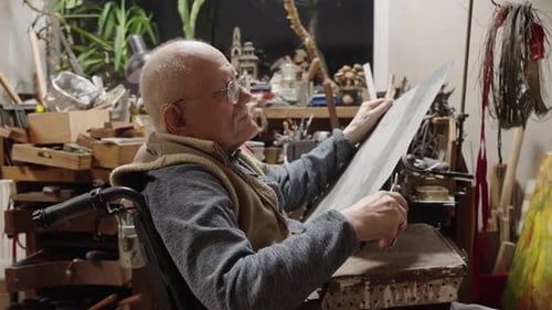 Senior Elderly Master Jeweler in Wheelchair Works in a Workshop