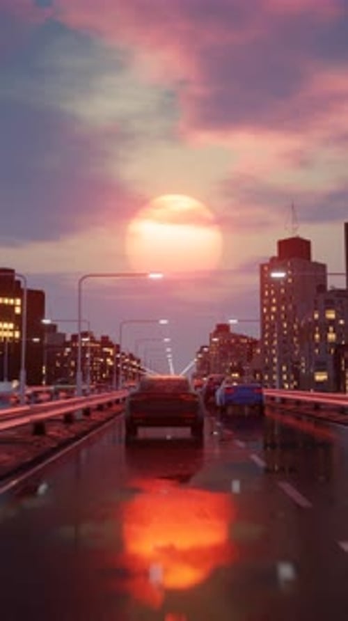 Retrofuturistic Drive in Sunset City Vertical Video
