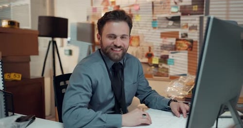 Detective, computer and face with man in office for police records, evidence report and night