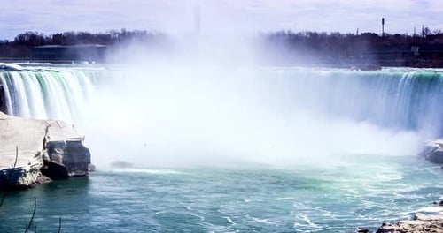 Niagara Waterfalls from the Canadian side with huge ice blocks, time lapse