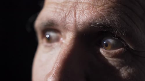 Close-up fearful eyes of a mature man.