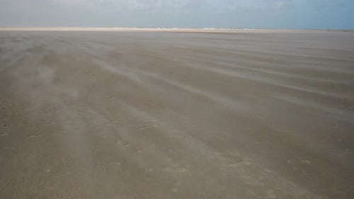 A hard wind is blowing over the beach on a half sunny day, a real sand blasting day at the sea.