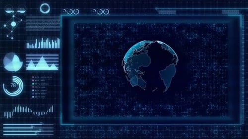 Futuristic Digital HUD Interface with Rotating Earth and Infographics