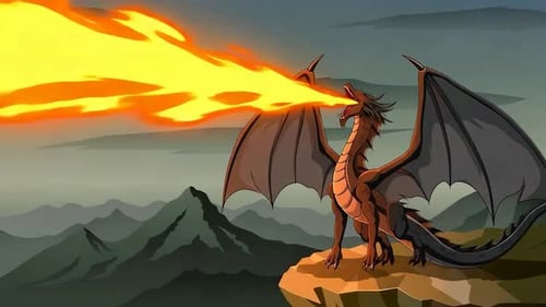 Dragon Breathing Powerful Fire Flames Over Mountain Landscape - Fantasy, Cartoon Medieval Scene