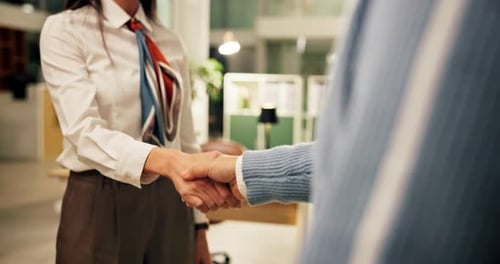 Business people, handshake and night with deal in meeting for hiring or recruiting at office