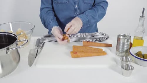Salad Preparation at Home, Potato and Carrot Cutting