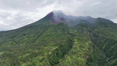 Aerial view of Indonesia volcanic mountain. Mount Merapi, the most active volcano in Indonesia.